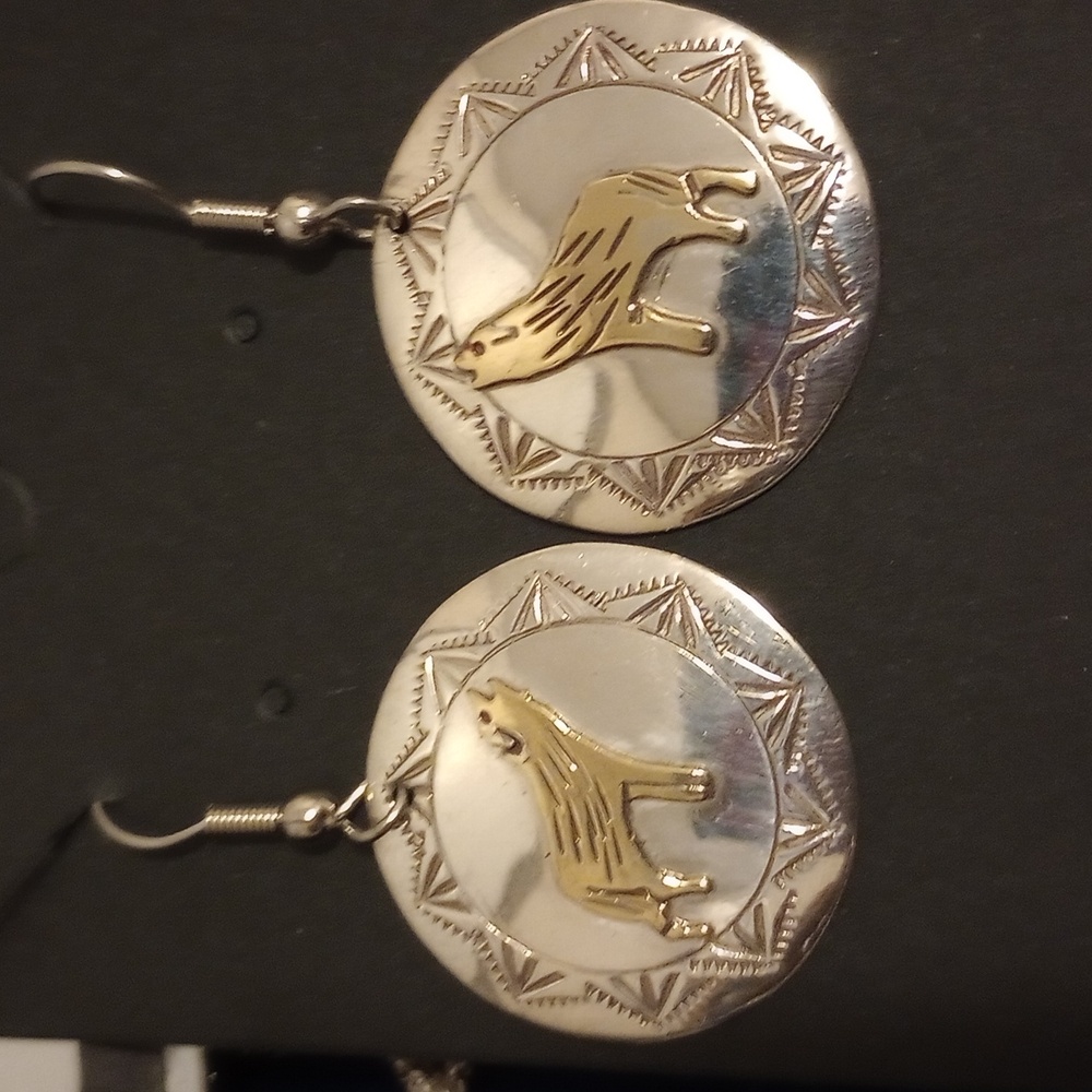 Ricky Reeder Navajo Brass Wolf And Sterling Silver Concho Earrings